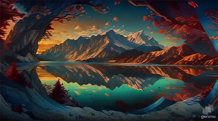 a painting of a mountain lake surrounded by trees