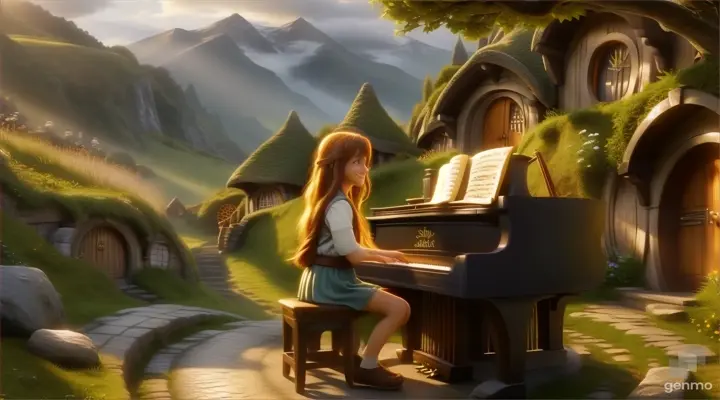 A young beautiful long-haired girl smiling and playing the piano outside the hobbit's house in the story of The Lord of the Rings