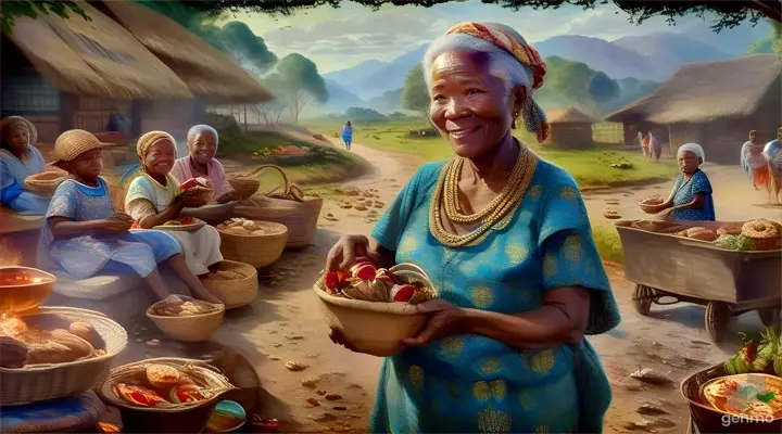 a painting of a woman holding a basket of food