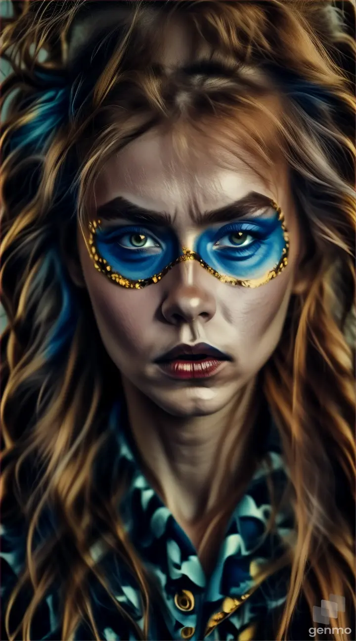 a woman with blue and gold face paint