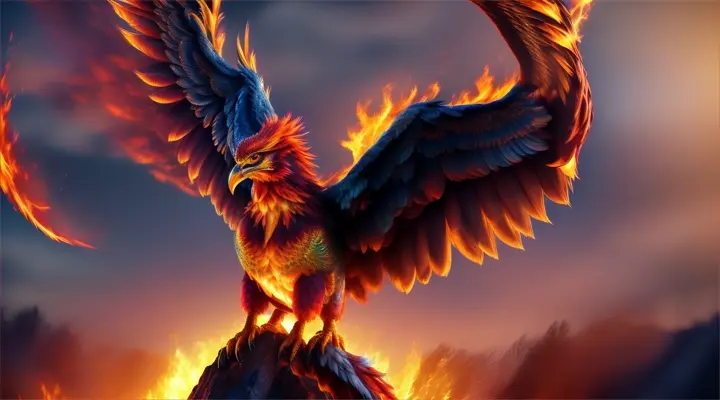 A majestic phoenix rising from the ashes with a vibrant fire background, displaying a strong confident stance.