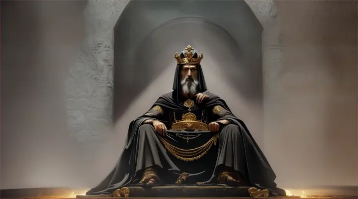 Aita:
Imagine Aita, the ruler of the Etruscan underworld, in a depiction that commands respect and awe. He is cloaked in regal darkness, his robe flowing and merging with the shadows of his domain. His face is stern, etched with the wisdom and burdens of his eternal reign. Around his head is a diadem that glows faintly, illuminating his features in the gloom. Aita sits on a throne carved from obsidian, at the heart of the underworld, surrounded by flickering torches that cast a ghostly light on the faces of attending spirits. The air around him is thick with whispers of souls and ancient incantations. Before him, a river flows, representing the passage souls must cross, with a boat waiting to carry them to their final rest. The overall impression is one of majesty and solemnity, capturing Aita's role as the guardian of the dead and the master of fate.