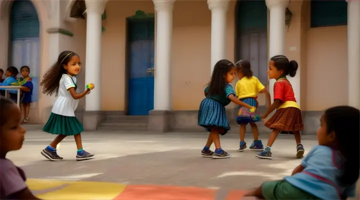 dolly in, Brazilian children,  in the public school courtyard, Brazil, hyper realistic