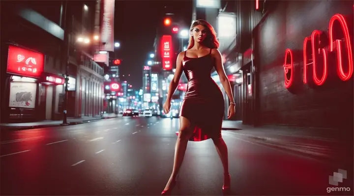 In the subdued light of the city streets, a graceful and attractive female model steps gracefully. She is dressed in an elegant red bodycon dress and radiates unbridled attractiveness. She disarms a bearded street hooligan with karate moves.