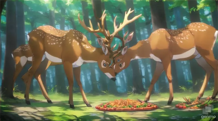 a couple of deer standing next to each other in a forest