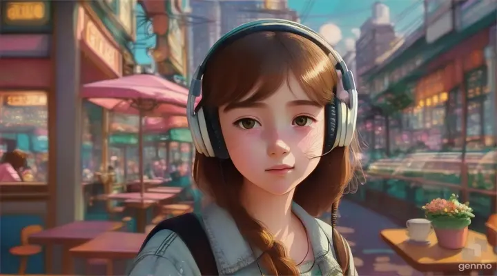 girl wearing headphones, at the corner of the coffee shop, listening to techno music, focusing on the Vibrant cityscape with a coffee shop corner size 1280x720, in Studio Ghibli style