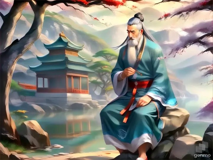 a painting of a man sitting on a rock
