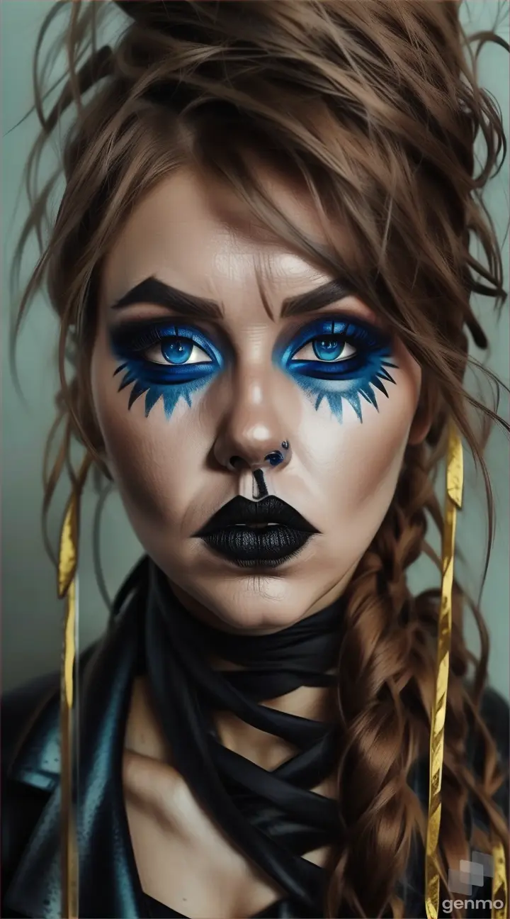 a woman with black makeup and blue eyes