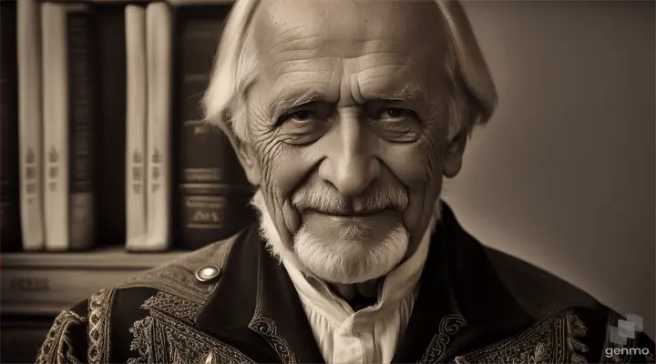 A smiling elderly Danish gentleman in noble clothing from 19th century Denmark sits in a neat farmhouse with books in the background. Old Danish peasant culture, Black white Sepia