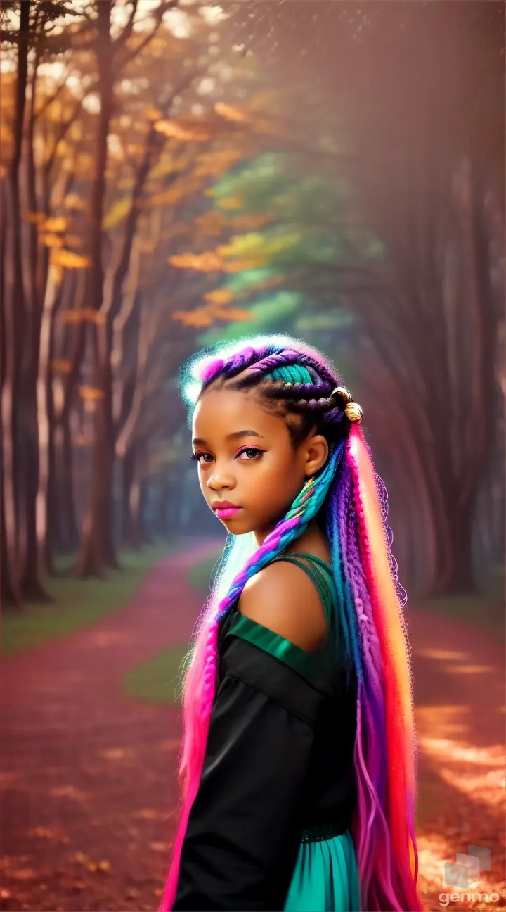 A young teen with colorful cornrow hairstyles wandering through an enchanted, glowing forest