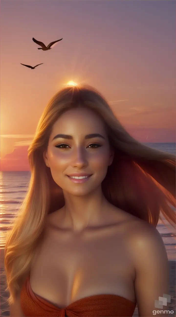 woman taking care of herself, ultra realistic detail, beautiful face, sunset, seaside, birds flying, beautiful body, smiling