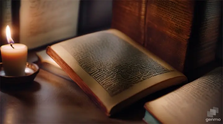 A close-up of a young girl's hands holding an old, weathered book, with the soft glow of candlelight illuminating the intricate designs on its cover