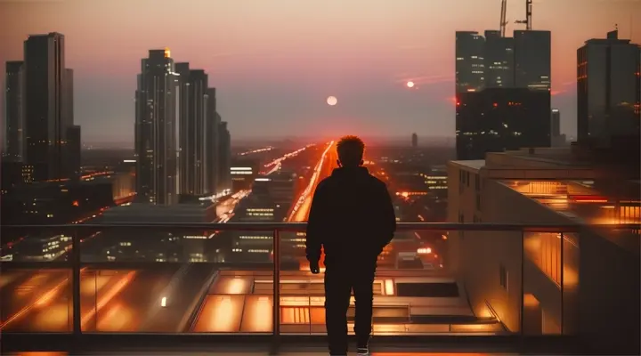 The person is walking on the roof, sunset