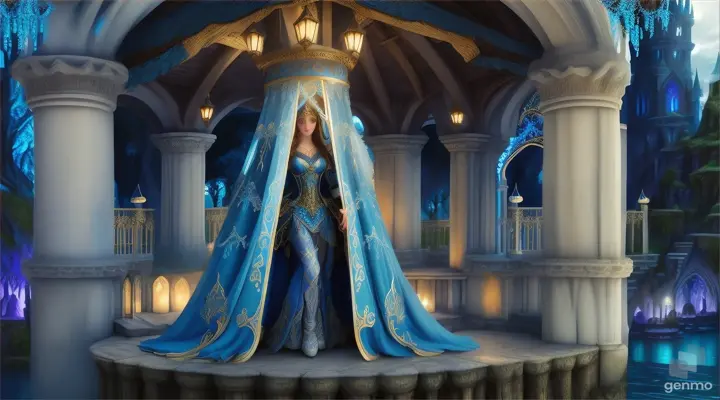 A slumbering blue-cloaked warrior rests beneath a enchanted well in a medieval village, the six striking white-clad dancers at his side on high silts