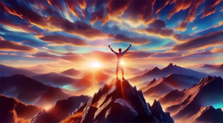 a man standing on top of a mountain with his arms in the air