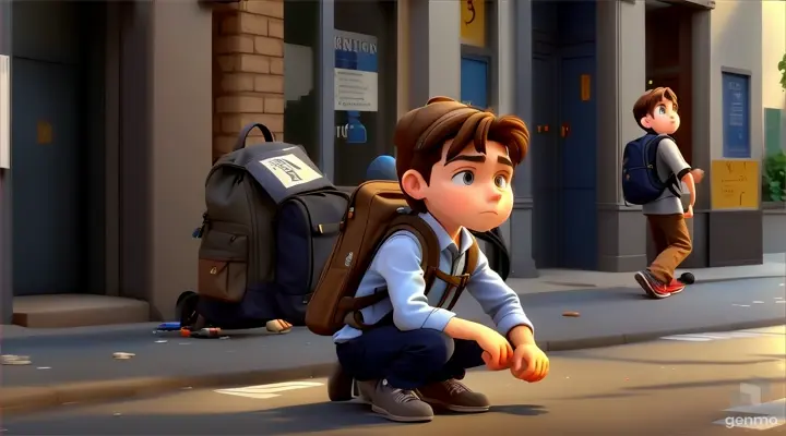 a boy with a backpack crouches down on the street