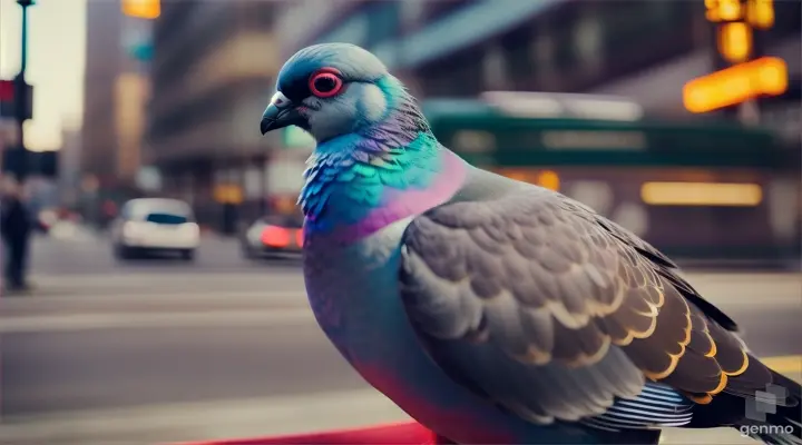 Pigeon without wings, clothed like a human businessman, going to work in a city