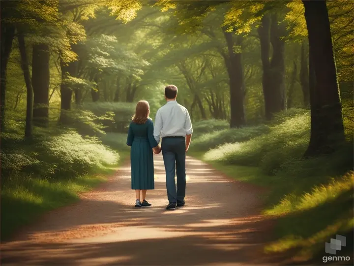 A mother and her son walking along a woodland path surrounded by a canopy of trees and wildlife