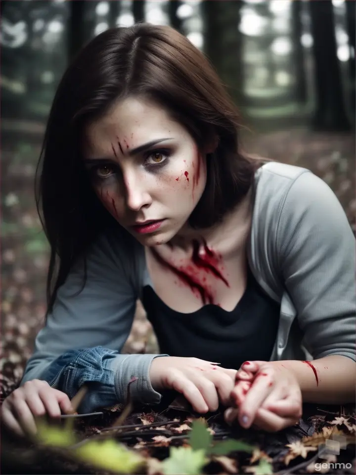 Realistic human details a hurt scar in neck fake blood beautiful woman dark brown hair crying shocked expression , crawling in the woods night ,low light, high contrast, realistic casual clothes in”