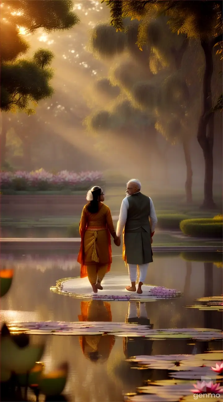 Modi and Yogi walking through a golden hour lotus garden with mist rising off the still pool
