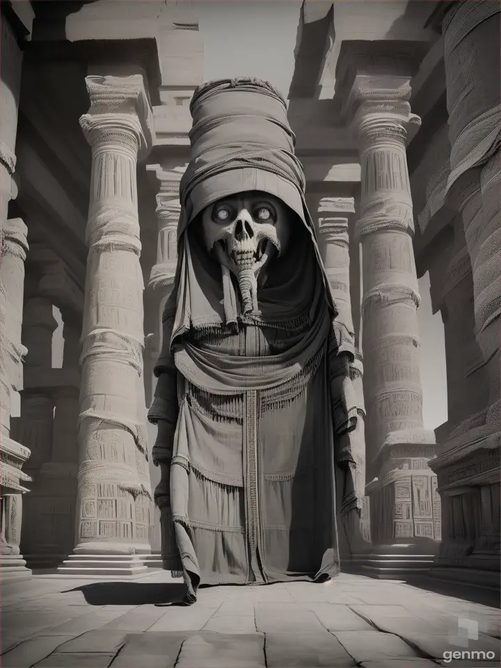 a mummy Classic universal studio look  wrapped in. bandages with a terrifying face coming out of her sarcophagus, her face is also wearing bandages, her teeth are exposed, you can see her rotting flesh under the bandas, he is angry He is completely covered in bandages all over his body, including his face.  in a charcoal sketch drawing General camera view of full body gets up and walks inside an Egyptian temple 360 degree panoramic view submerged 