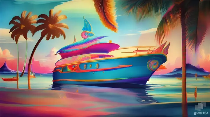 waves, palm trees, lagoon, boat, speakers bursting with sound. surrealism