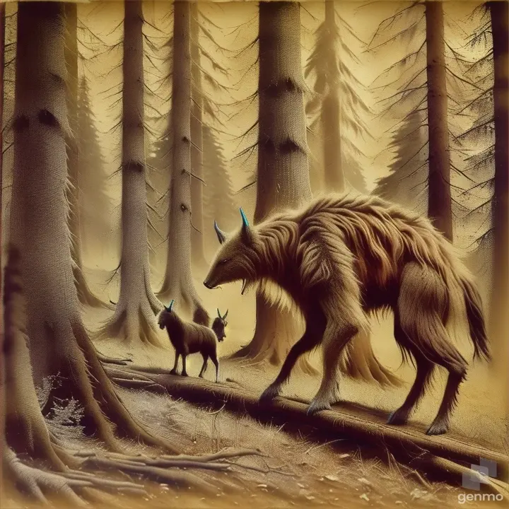 a wooly animal walking through a forest filled with trees