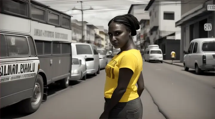 
dolli in, 35 year old black woman, thin, hair tied up, yellow t-shirt and jeans, talking very tense and very angry with the camera, street, cars, Brazil, realistic