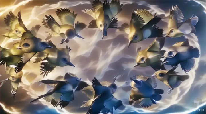 a group of birds flying through a cloudy sky