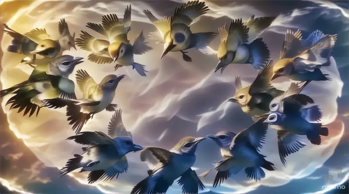 a group of birds flying through a cloudy sky