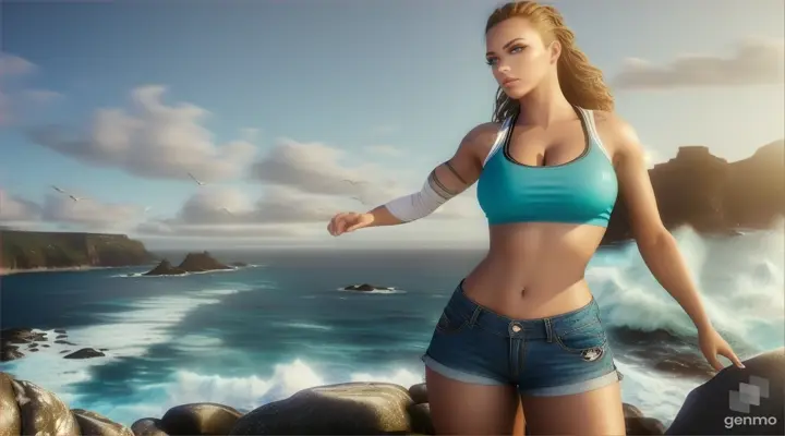 A stunning, high-resolution 3D render of a captivating woman with a sporty physique. She is dressed in a trendy short top and denim shorts with a ripped design, exuding a chic, modern aesthetic. Her piercing blue eyes are prominent, framed by thick lashes, and her full lips are slightly parted. The woman is perched on a rocky outcrop overlooking the awe-inspiring ocean, with crashing waves and soaring seagulls. The background is a breathtaking 3D rendering of the ocean, complete with realistic