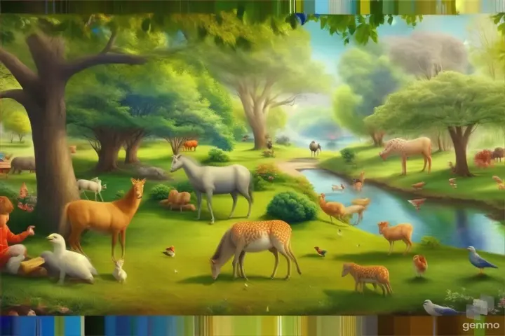 a painting of a forest with animals and birds and a boy sitting beneath the tree