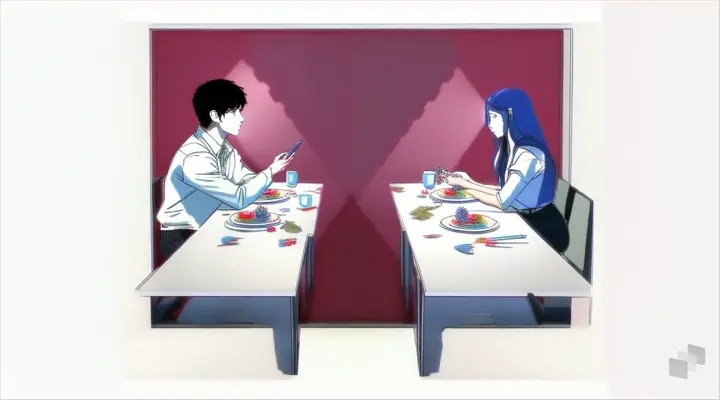 a man and a woman sitting at a separate table looking your celphone