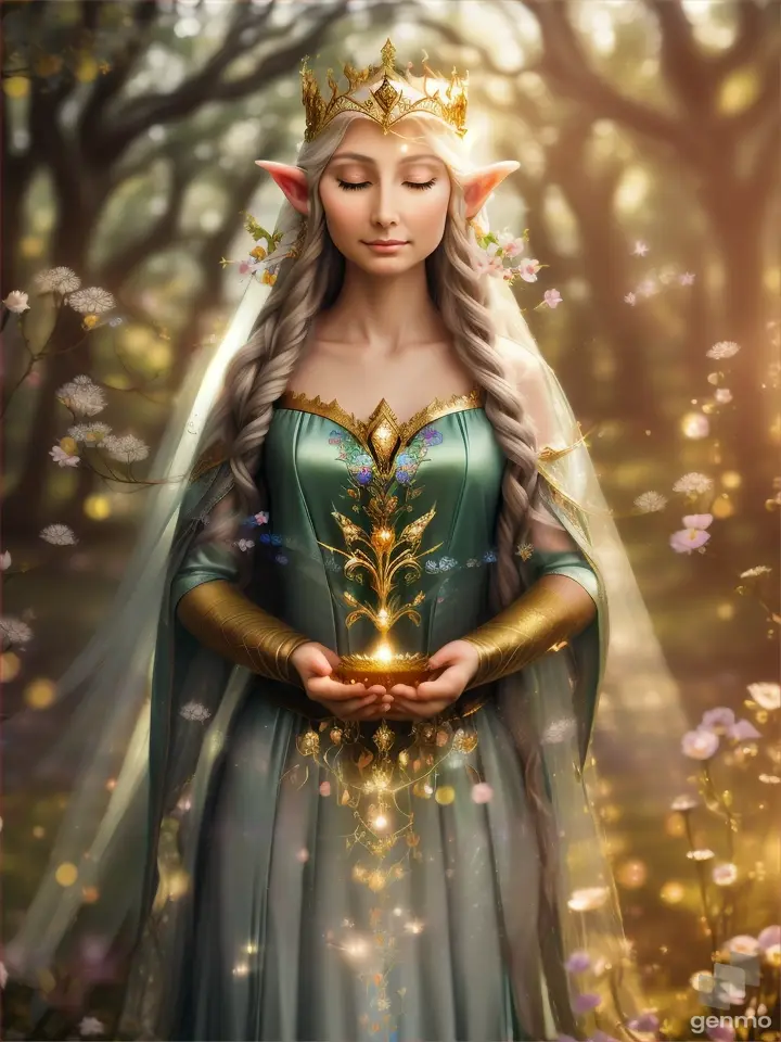 The image depicts a character with their face blurred,  Elf -queen Galadriel  surrounded by a serene and mystical environment. The character has long, flowing adorned with flowers and wears intricate golden jewelry. horizontal image