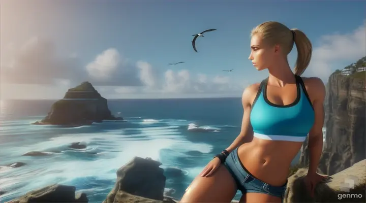 A stunning, high-resolution 3D render of a captivating woman with a sporty physique. She is dressed in a trendy short top and denim shorts with a ripped design, exuding a chic, modern aesthetic. Her piercing blue eyes are prominent, framed by thick lashes, and her full lips are slightly parted. The woman is perched on a rocky outcrop overlooking the awe-inspiring ocean, with crashing waves and soaring seagulls. The background is a breathtaking 3D rendering of the ocean, complete with realistic