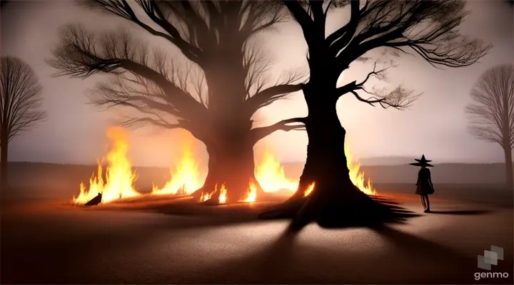 black silhouette of a witch hands up, standing around a large fire, candles and massive tree in the background, extreme wide shot, night