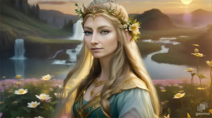 The image depicts a character with their face blurred,  Elf -queen Galadriel  surrounded by a serene and mystical environment. The character has long, flowing adorned with flowers and wears intricate golden jewelry. horizontal image