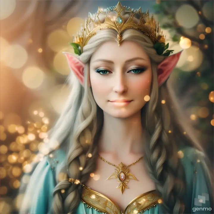 The image depicts a character with their face blurred,  Elf -queen Galadriel  surrounded by a serene and mystical environment. The character has long, flowing adorned with flowers and wears intricate golden jewelry. horizontal image