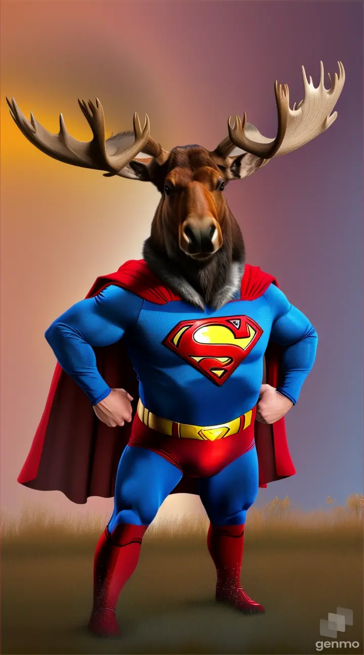 a moose dressed as a superman poses for a picture