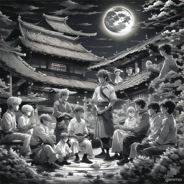 a group of happy people sitting in front of a full moon talking and joking
