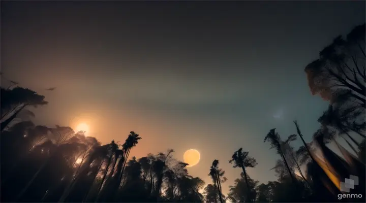 Caribbean forest at night, moonlight sky, overhead shot