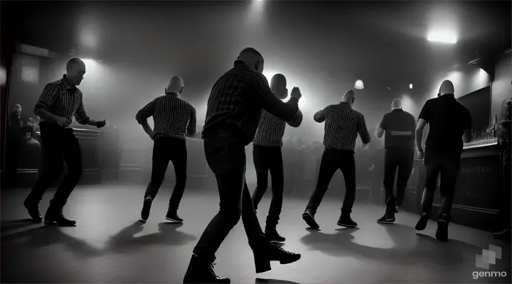 skinheads moonstamping in a London pub, morthyng, wearing jeans, polo shirts, boots and shades, monochrome, fast pace, realistic, medium close up, 