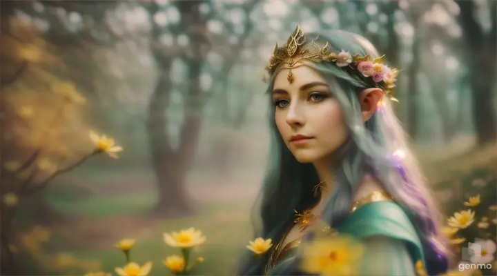 The image depicts a character with their face blurred,  Elf -queen Galadriel  surrounded by a serene and mystical environment. The character has long, flowing adorned with flowers and wears intricate golden jewelry. horizontal image