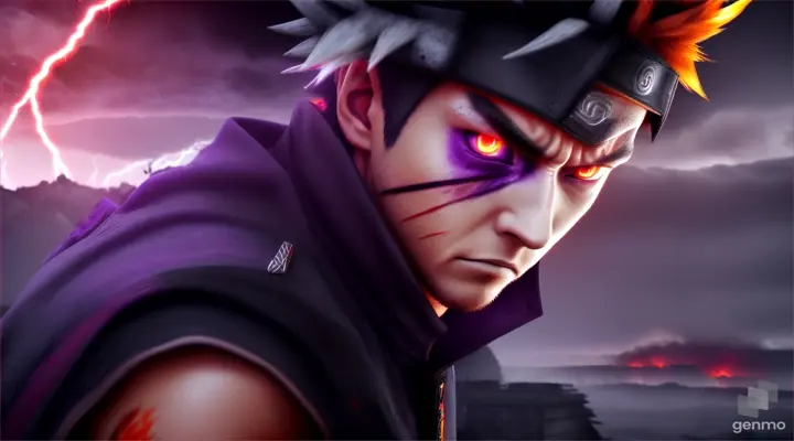 angry naruto with red eyes, there is an apocalypse around, there is a battle, thunderstorm and darkness