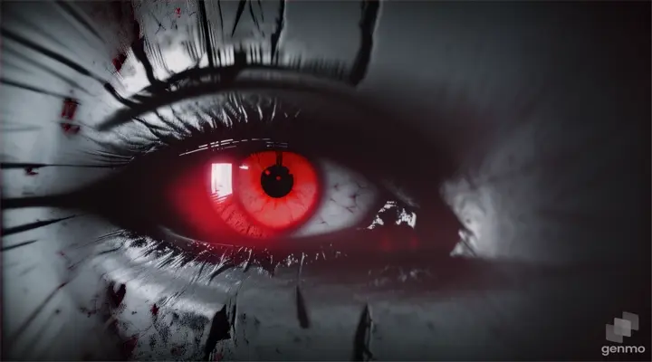 red eye blinking, seen through a crack in the wall, close up