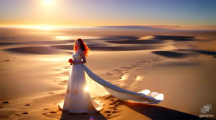 A redheaded woman standing on desert sand, dressed in an elegant white gown and admiring a fully eclipsed sun with colorful corona