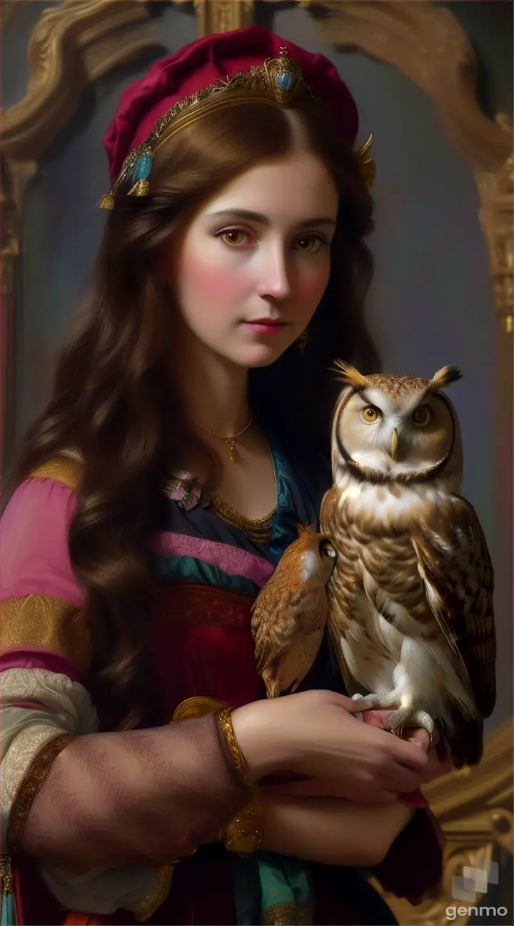 a painting of a woman holding an owl9:16