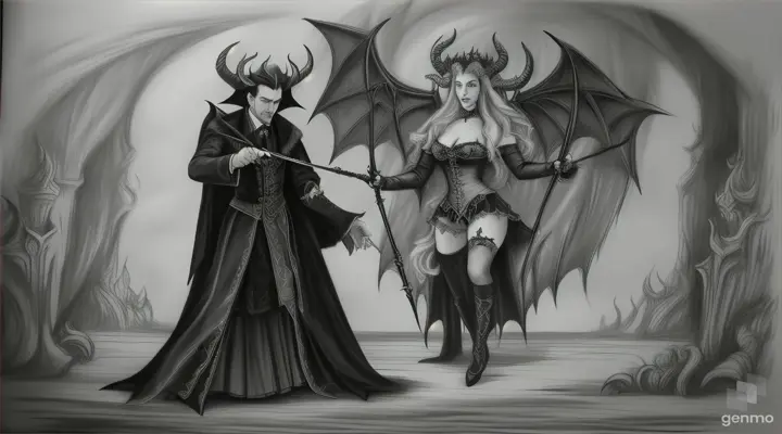 Dracula, the Béla Lugosi-style vampire, in a gloomy neo-romantic atmosphere biting the Tsarina Anastasia while holding her from a distance, the devil with his trident observes him with the typical figure of the devil with horns, tail and mustache, with a look of malice and small horns all in sketch and charcoal drawing in open panoramic view in the middle distance in a gothic vobeda