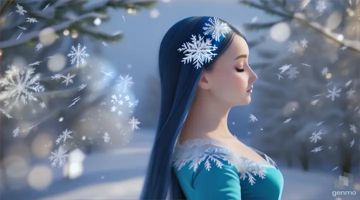 A 3D woman in a blue dress surrounded by a winter wonderland with glittering diamond snowflakes. Butterflies and flowers are tucked away in the snow creating a serene atmosphere.