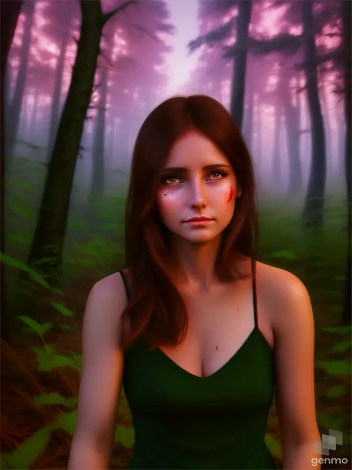 Realistic human details, a beautiful woman injured in the neck dark brown hair, crying, crawling in the forest at night, realistic casual clothes, high contrast real colors.